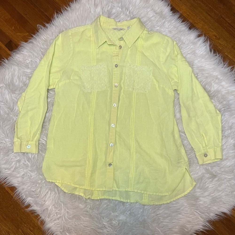Soft Surroundings Lemon Yellow‎ Linen Blend Button Down Shirt Size Large